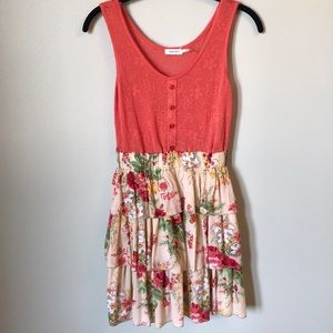 Blue Bird Coral Dress with Floral 3 Tiered Skirt